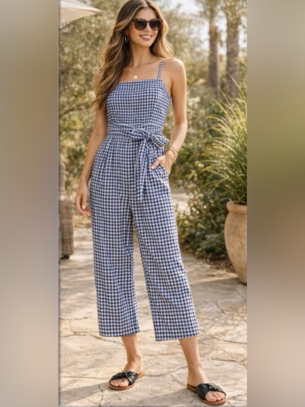 J. Crew 100% Linen Navy & White Gingham Check Jumpsuit w Waist Belt Bow. Size 12